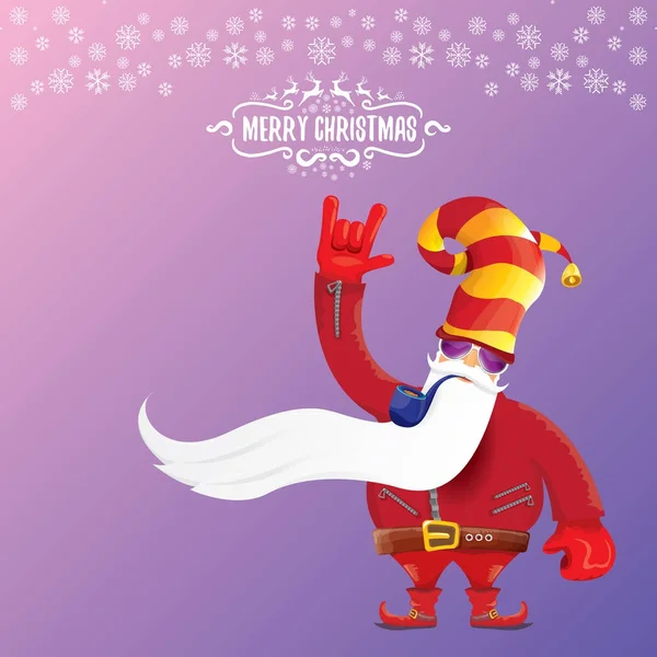 Vector DJ rock n roll santa claus com cachimbo para fumar, barba de santa e chapéu de santa funky isolado em fundo violeta quadrado de natal com flocos de neve. Natal hipster festa cartaz, banner ou cartão . — Vetor de Stock