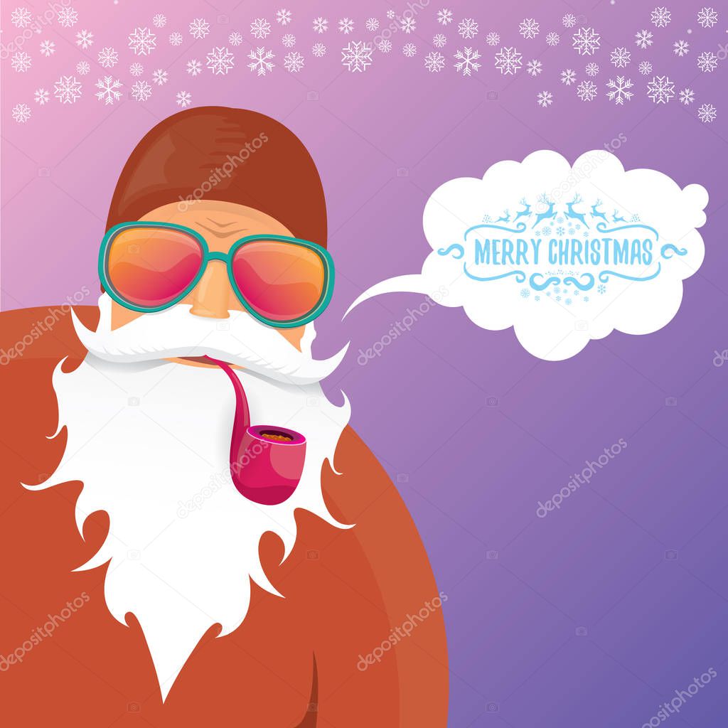 vector DJ rock n roll santa claus with smoking pipe, santa beard and funky santa hat isolated on violetred christmas square background with snowflakes. Christmas hipster party poster, banner or card.