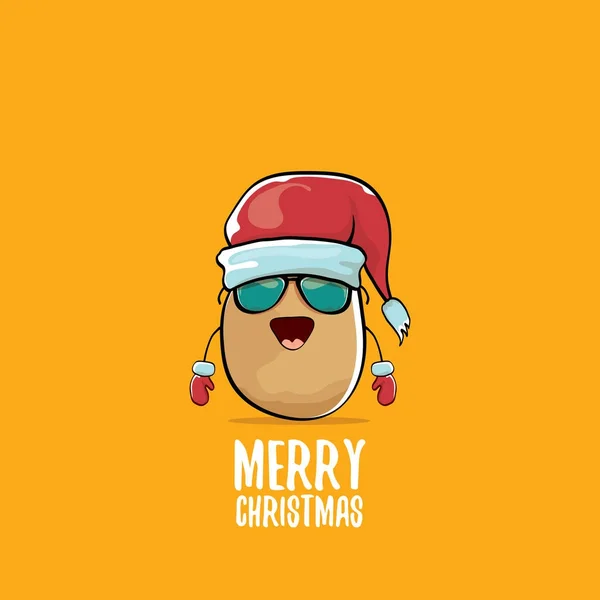 Vetor funky comic cartoon bonito marrom sorrindo santa claus batata com chapéu vermelho santa e caligrafia alegre natal texto isolado no fundo laranja . —  Vetores de Stock