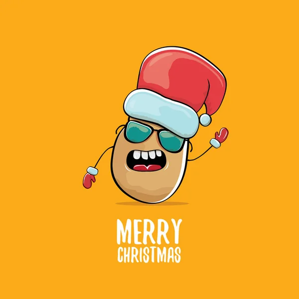 Vetor funky comic cartoon bonito marrom sorrindo santa claus batata com chapéu vermelho santa e caligrafia alegre natal texto isolado no fundo laranja . —  Vetores de Stock