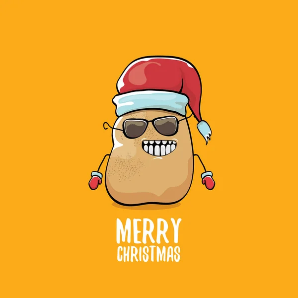 Vetor funky comic cartoon bonito marrom sorrindo santa claus batata com chapéu vermelho santa e caligrafia alegre natal texto isolado no fundo laranja . — Vetor de Stock