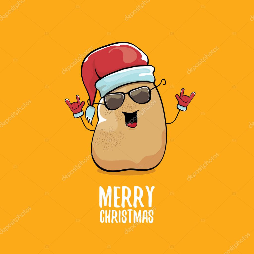Vector funky comic cartoon cute brown smiling santa claus potato with red santa hat and calligraphic merry christmas text isolated on orange background. vegetable funky christmas character