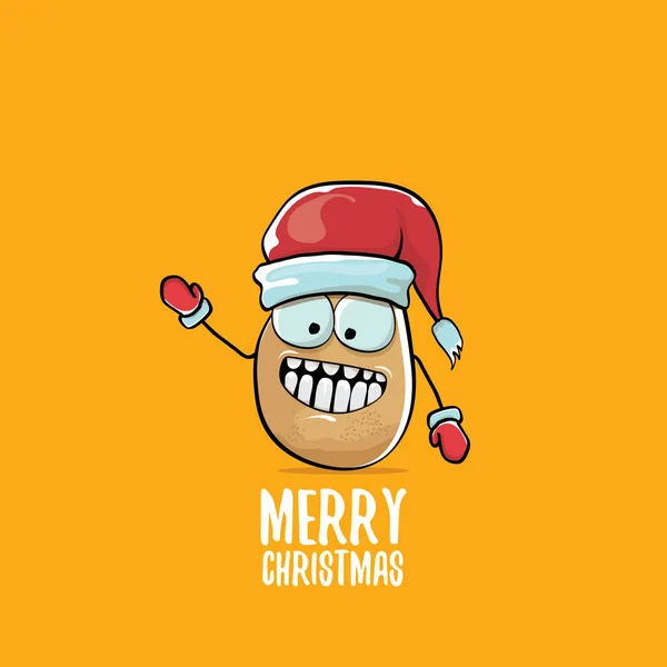 Vector funky comic cartoon cute brown smiling santa claus potato with red santa hat and calligraphic merry christmas text isolated on orange background. — Stock Vector