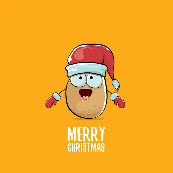 Вектор фанк комікс мультфільм милий коричневий усміхнений картопля Санта Клауса з червоним капелюхом Санти та каліграфічним веселим різдвяним текстом ізольовані на помаранчевому фоні . — стоковий вектор