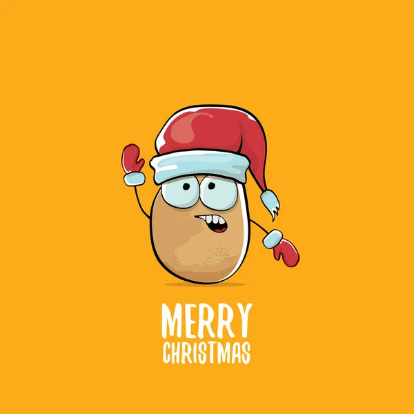 Vector funky comic cartoon cute brown smiling santa claus potato with red santa hat and calligraphic merry christmas text isolated on orange background. — Stock Vector