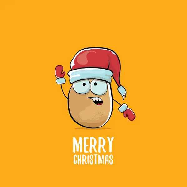 Vector funky historieta caricatura lindo marrón sonriente santa claus papa con sombrero de santa rojo y caligrafía feliz navidad texto aislado sobre fondo naranja . — Archivo Imágenes Vectoriales