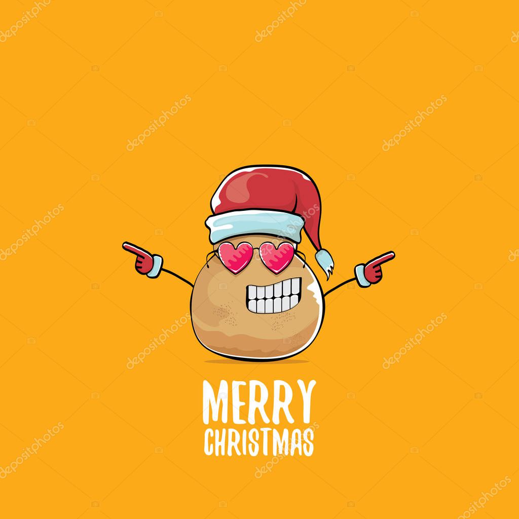 Vector funky comic cartoon cute brown smiling santa claus potato with red santa hat and calligraphic merry christmas text isolated on orange background. vegetable funky christmas character