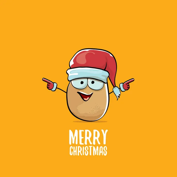 Vector funky comic cartoon cute brown smiling santa claus potato with red santa hat and calligraphic merry christmas text isolated on orange background. — Stock Vector