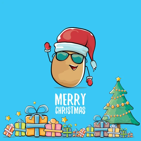 Vetor funky comic cartoon bonito marrom sorrindo santa claus batata com chapéu vermelho santa, presentes, árvore e caligrafia alegre Natal texto isolado em fundo azul. funky personagem de Natal — Vetor de Stock