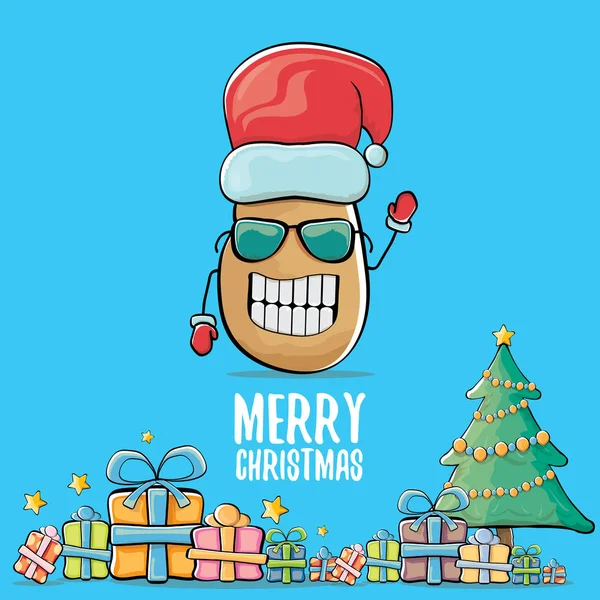 Vector funky comic cartoon cute brown smiling santa claus potato with red santa hat, gifts, tree and calligraphic merry christmas text isolated on blue background. funky christmas character — Stock Vector