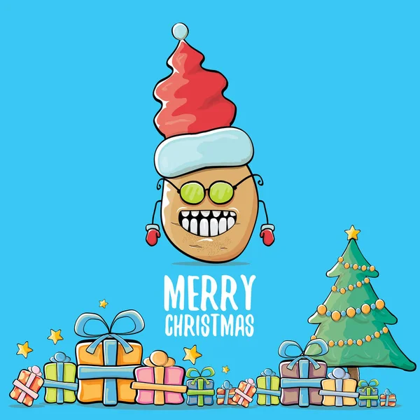 Vector funky historieta caricatura lindo marrón sonriente papa santa claus con sombrero de santa rojo, regalos, árbol y caligrafía feliz texto de Navidad aislado sobre fondo azul. carácter navidad funky — Archivo Imágenes Vectoriales