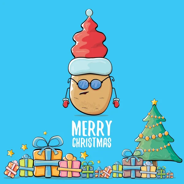 Vector funky comic cartoon cute brown smiling santa claus potato with red santa hat, gifts, tree and calligraphic merry christmas text isolated on blue background. funky christmas character — Stock Vector