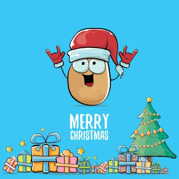 Vector funky comic cartoon cute brown smiling santa claus potato with red santa hat, gifts, tree and calligraphic merry christmas text isolated on blue background. funky christmas character — Stock Vector