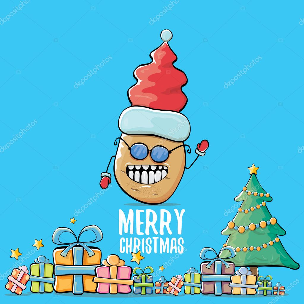 Vector funky comic cartoon cute brown smiling santa claus potato with red santa hat, gifts, tree and calligraphic merry christmas text isolated on blue background. vegetable funky christmas character