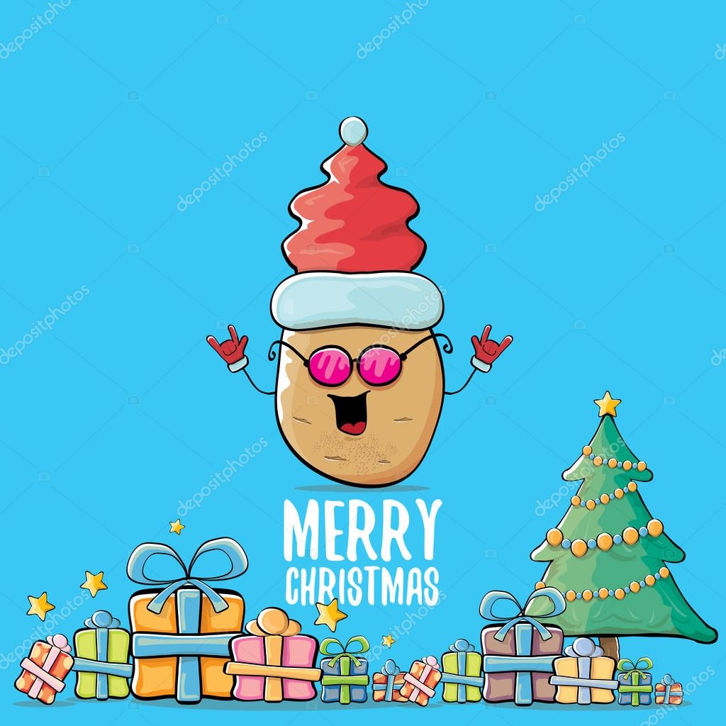 Vector funky comic cartoon cute brown smiling santa claus potato with red santa hat, gifts, tree and calligraphic merry christmas text isolated on blue background. vegetable funky christmas character