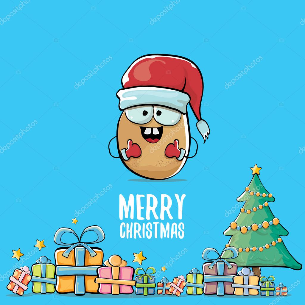 Vector funky comic cartoon cute brown smiling santa claus potato with red santa hat, gifts, tree and calligraphic merry christmas text isolated on blue background. vegetable funky christmas character
