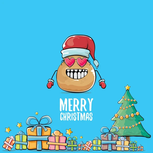 Vector funky comic cartoon cute brown smiling santa claus potato with red santa hat, gifts, tree and calligraphic merry christmas text isolated on blue background. funky christmas character — Stock Vector