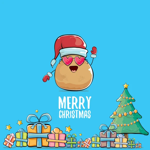 Vektor funky Comic-Cartoon niedlich braun lächelnde Weihnachtsmann Kartoffel mit rotem Weihnachtsmann Hut, Geschenke, Baum und kalligrafische frohe Weihnachten Text isoliert auf blauem Hintergrund. Funkiger Weihnachtscharakter — Stockvektor