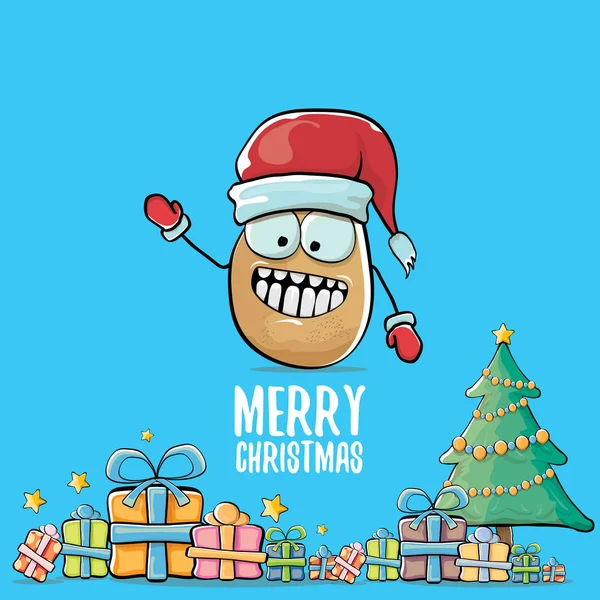 Vector funky comic cartoon cute brown smiling santa claus potato with red santa hat, gifts, tree and calligraphic merry christmas text isolated on blue background. funky christmas character — Stock Vector