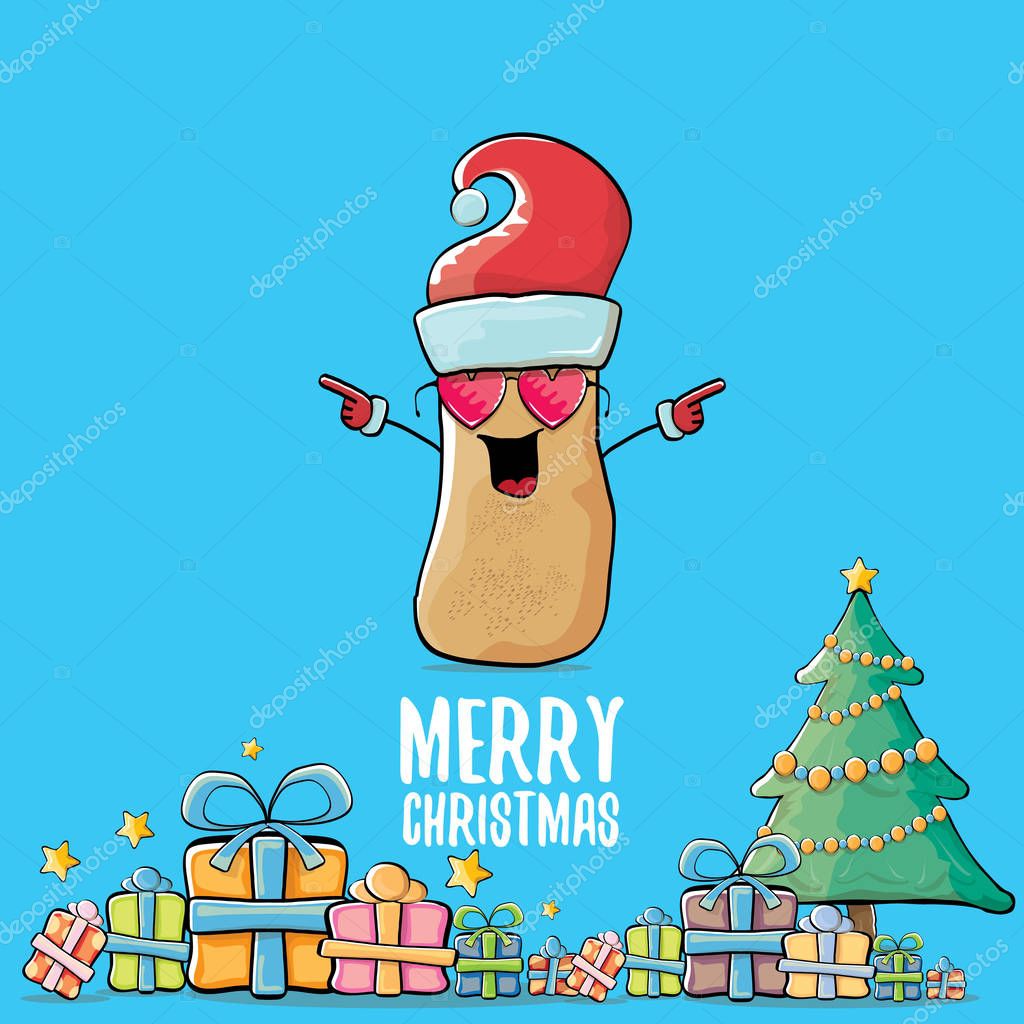 Vector funky comic cartoon cute brown smiling santa claus potato with red santa hat, gifts, tree and calligraphic merry christmas text isolated on blue background. vegetable funky christmas character
