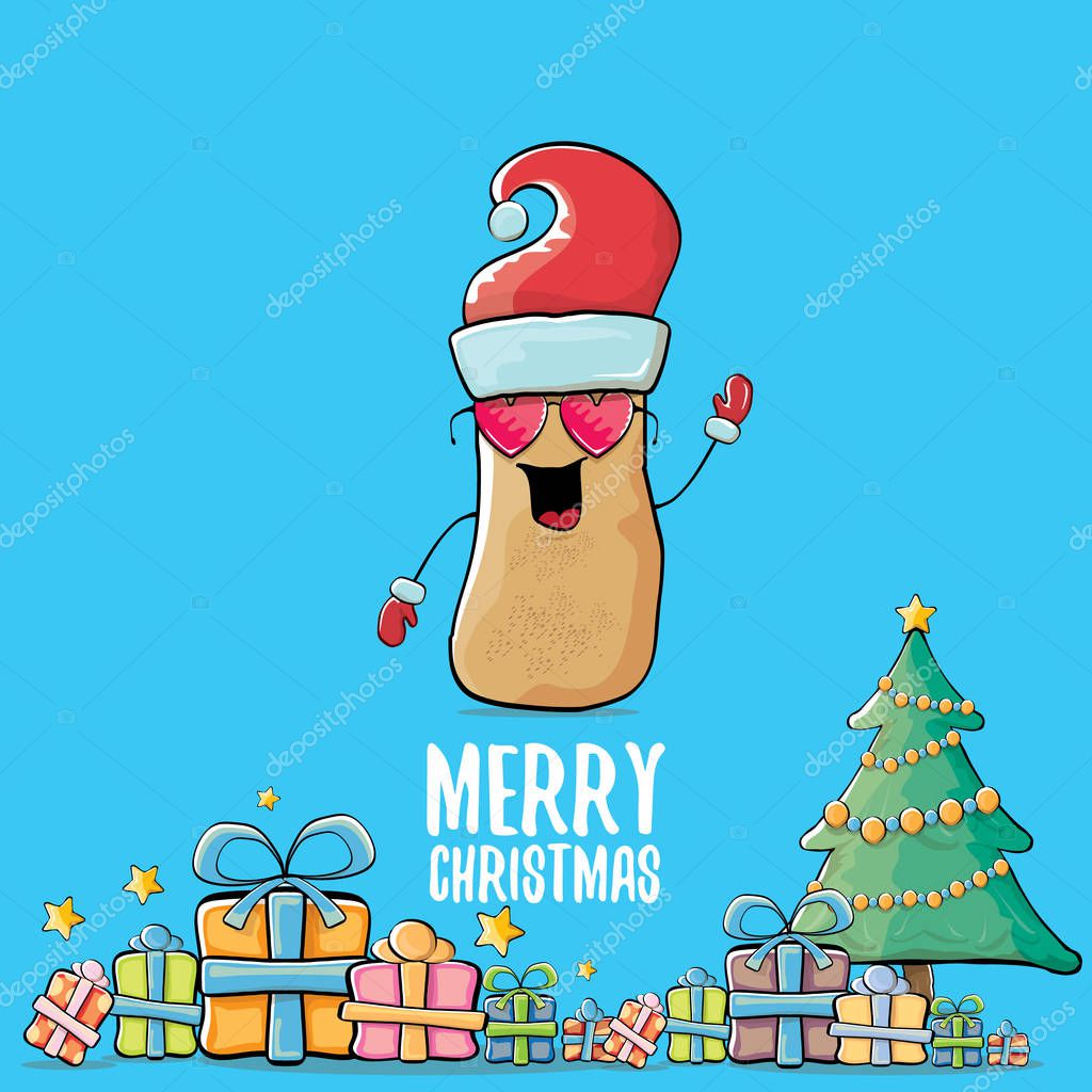 Vector funky comic cartoon cute brown smiling santa claus potato with red santa hat, gifts, tree and calligraphic merry christmas text isolated on blue background. vegetable funky christmas character