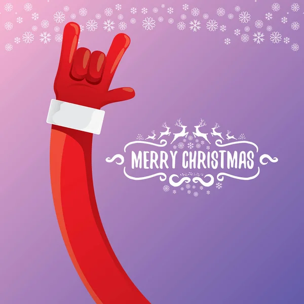 Vektor Cartoon Rock n Roll Weihnachtsmann mit kalligrafischem Grußtext auf nächtlichem violettem Hintergrund mit Schneeflocken. Frohe Weihnachten Rock n Roll Party Plakatentwurf — Stockvektor