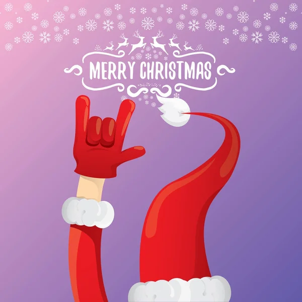 Vektor Cartoon Rock n Roll Weihnachtsmann mit kalligrafischem Grußtext auf nächtlichem violettem Hintergrund mit Schneeflocken. Frohe Weihnachten Rock n Roll Party Plakatentwurf — Stockvektor