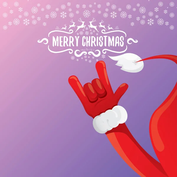 Vektor Cartoon Rock n Roll Weihnachtsmann mit kalligrafischem Grußtext auf nächtlichem violettem Hintergrund mit Schneeflocken. Frohe Weihnachten Rock n Roll Party Plakatentwurf — Stockvektor