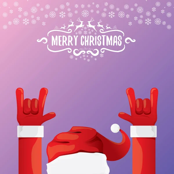 Vector cartoon rock n roll Papai Noel com texto de saudação caligráfica sobre fundo violeta noite com flocos de neve. Feliz Natal Rock n roll festa poster design — Vetor de Stock