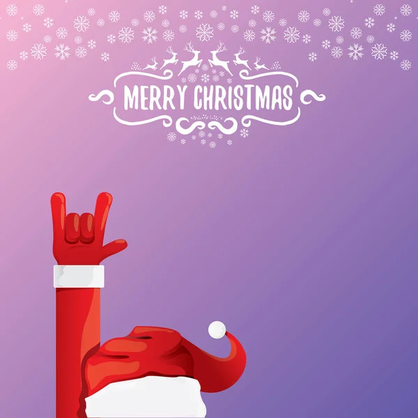 Vektor Cartoon Rock n Roll Weihnachtsmann mit kalligrafischem Grußtext auf nächtlichem violettem Hintergrund mit Schneeflocken. Frohe Weihnachten Rock n Roll Party Plakatentwurf — Stockvektor