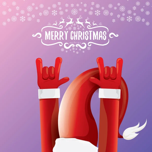 Vector de dibujos animados rock n roll Santa Claus con texto de saludo caligráfico sobre fondo violeta noche con copos de nieve. Feliz Navidad Rock n roll diseño de póster de fiesta — Vector de stock