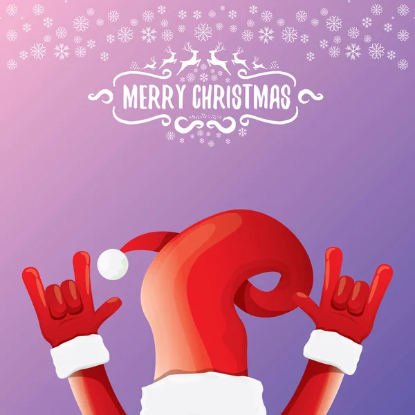Vector de dibujos animados rock n roll Santa Claus con texto de saludo caligráfico sobre fondo violeta noche con copos de nieve. Feliz Navidad Rock n roll diseño de póster de fiesta — Vector de stock
