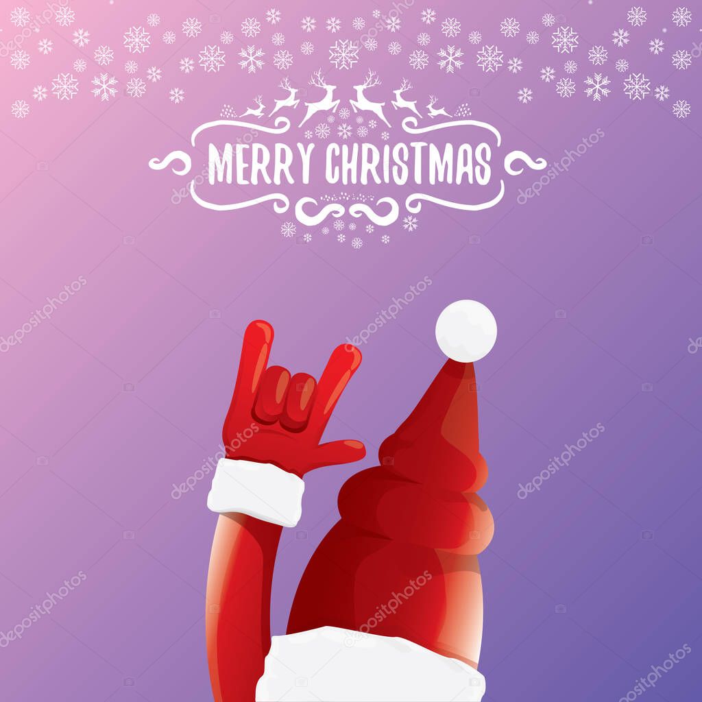 Vector cartoon rock n roll Santa Claus with calligraphic greeting text on night violet background with snowflakes. Merry Christmas Rock n roll party poster design or greeting card.