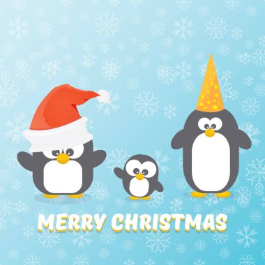 düşen kar taneleri ile mavi arka plan ayarlamak penguenler ile vektör neşeli Noel kartı. karikatür komik penguen