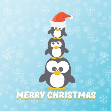 düşen kar taneleri ile mavi arka plan ayarlamak penguenler ile vektör neşeli Noel kartı. karikatür komik penguen