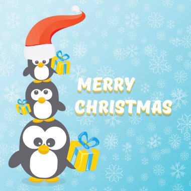 düşen kar taneleri ile mavi arka plan ayarlamak penguenler ile vektör neşeli Noel kartı. karikatür komik penguen