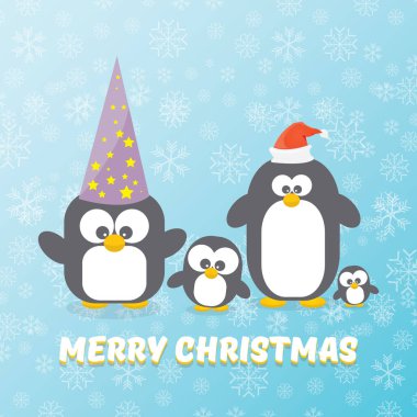 düşen kar taneleri ile mavi arka plan ayarlamak penguenler ile vektör neşeli Noel kartı. karikatür komik penguen
