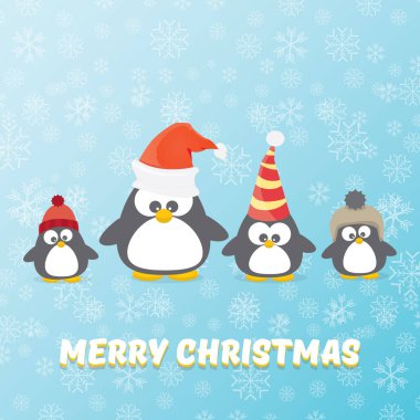 düşen kar taneleri ile mavi arka plan ayarlamak penguenler ile vektör neşeli Noel kartı. karikatür komik penguen