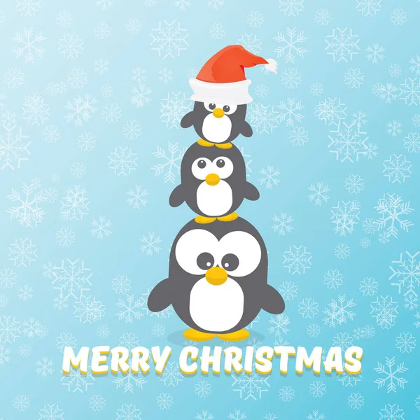 Vector merry christmas card with penguins set on blue background with falling snowflakes. cartoon funny penguins — Stock Vector