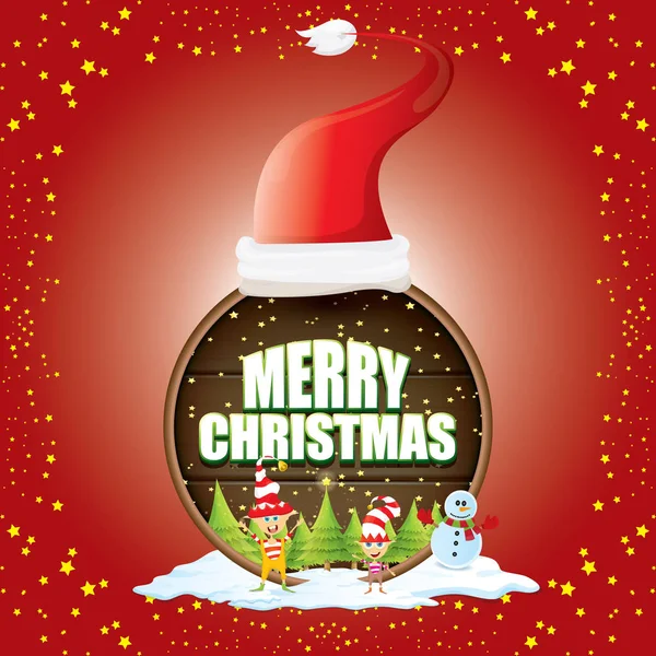 赤いサンタ帽子、ツリー、雪、漫画雪だるま、子供エルフ木製の丸い印の背景にあいさつ文とクリスマス ラベルをベクトルします。ベクトル赤いメリー クリスマス カード — ストックベクタ