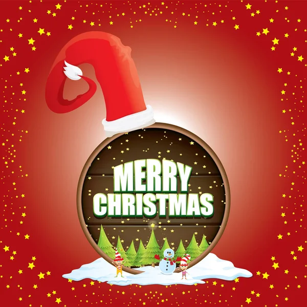 Vector de la etiqueta de Navidad con sombrero de santa rojo, árbol, nieve, muñeco de nieve de dibujos animados, los elfos de los niños y texto de saludo en el fondo de madera signo redondo. vector rojo feliz tarjeta de Navidad — Vector de stock