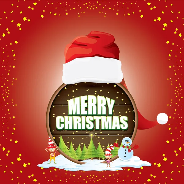 Karácsonyi címke piros santa kalap, fa, hó, hóember rajzfilm, gyerekek tündék és üdvözlő szöveget a fa kerek jel háttér vektor. vektor-piros vidám karácsonyi kártya — Stock Vector