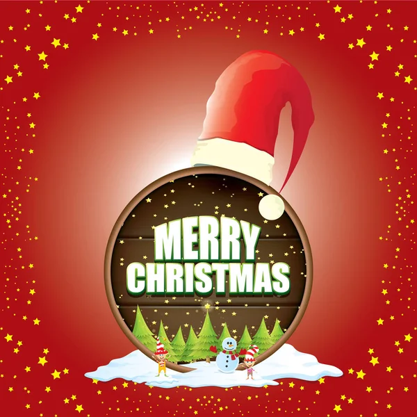 Wektor etykiety Boże Narodzenie czerwony santa hat, drzewa, śnieg, kreskówka bałwana, dzieci Elfy i tekst powitania na podłoże drewniane okrągłe znak. wektor czerwony merry christmas karty — Wektor stockowy