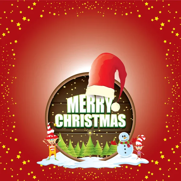 Vector Χριστούγεννα ετικέτα με κόκκινο καπέλο santa, δέντρο, χιόνι, χιονάνθρωπος καρτούν, ξωτικά παιδιά και κείμενο χαιρετισμού σε φόντο ξύλινη στρογγυλή πινακίδα. merry διανυσματικά κόκκινη Χριστουγεννιάτικη κάρτα — Διανυσματικό Αρχείο