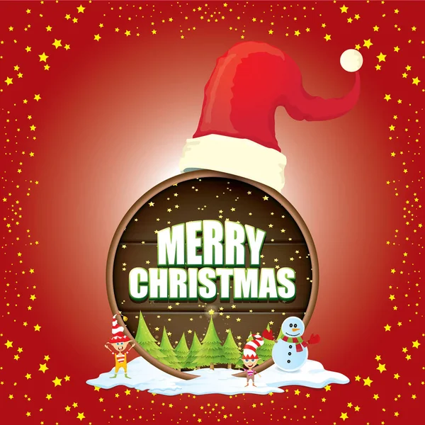 Vector de la etiqueta de Navidad con sombrero de santa rojo, árbol, nieve, muñeco de nieve de dibujos animados, los elfos de los niños y texto de saludo en el fondo de madera signo redondo. vector rojo feliz tarjeta de Navidad — Vector de stock