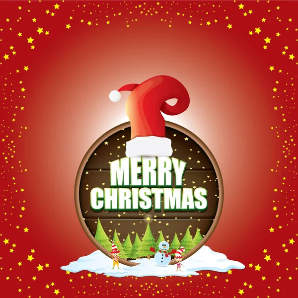 Noel etiket kırmızı Noel Baba şapkası, ağaç, kar, karikatür kardan adam, çocuklar Elfler ve ahşap yuvarlak işareti arka plan üzerinde metin tebrik vektör. vektör kırmızı neşeli Noel kartı — Stok Vektör