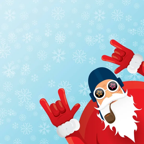 Vettoriale DJ Babbo Natale con pipa fumante, barba di Babbo Natale e cappello funky Santa su sfondo blu con fiocchi di neve. Poster hipster natalizio per festa o biglietto di auguri. vettore cattivo Babbo Natale poster — Vettoriale Stock