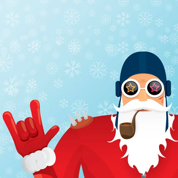 Vettoriale DJ Babbo Natale con pipa fumante, barba di Babbo Natale e cappello funky Santa su sfondo blu con fiocchi di neve. Poster hipster natalizio per festa o biglietto di auguri. vettore cattivo Babbo Natale poster — Vettoriale Stock