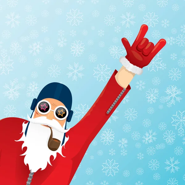 Vektoros Dj Mikulás dohányzás cső, santa szakáll és funky santa kalap a kék háttér hópelyhek. Karácsonyi csípő poszter fél vagy üdvözlőkártya. bad santa vektor xmas indítója — Stock Vector