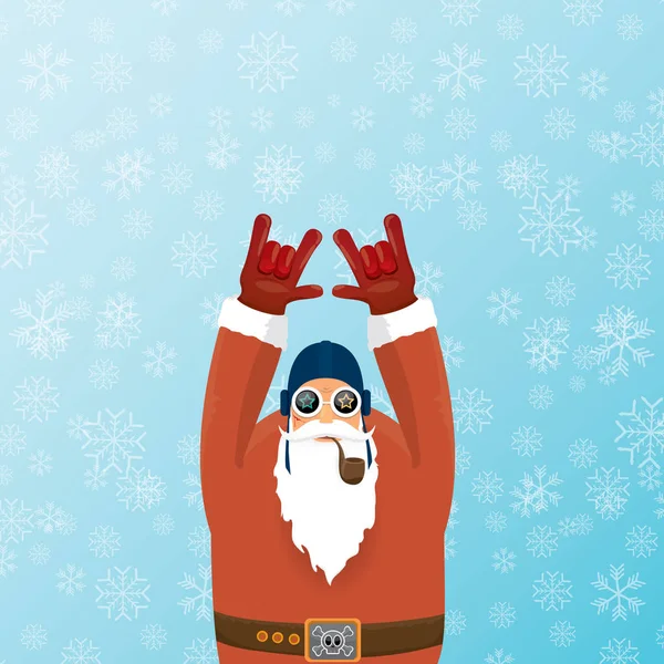 Vector Dj Kerstman met rookpijp, santa baard en funky KERSTMUTS op blauwe achtergrond met sneeuwvlokken. Hipster Kerstaffiche partij of wenskaart. vector bad santa xmas poster — Stockvector